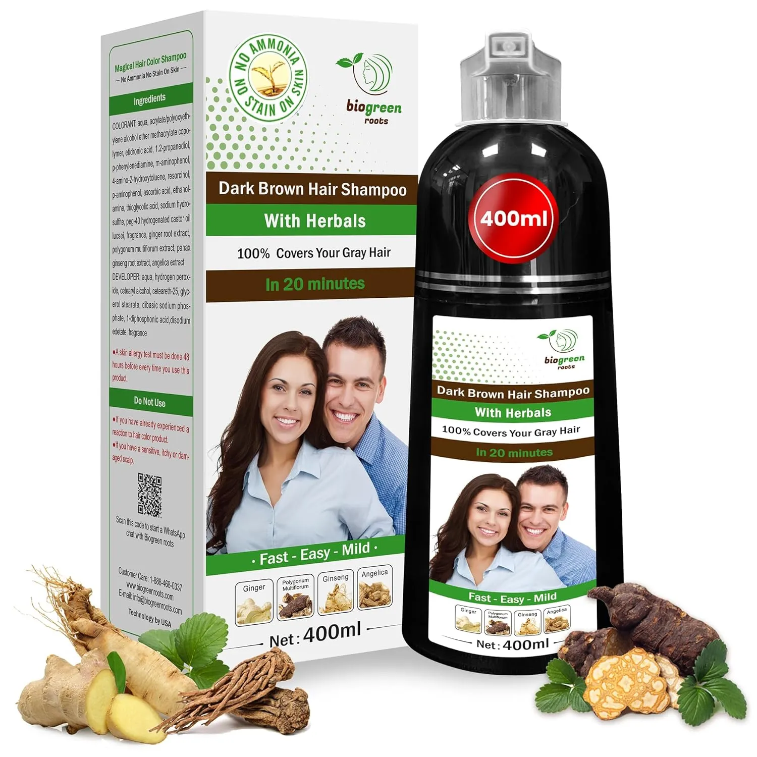 Ammonia-Free & Paraben Free Herbal Hair Shampoo - Hair Dye Shampoo for Women & Men - Natural Color & Herbal Nourishment - No Stain on Skin - Dark Brown (400 ml)