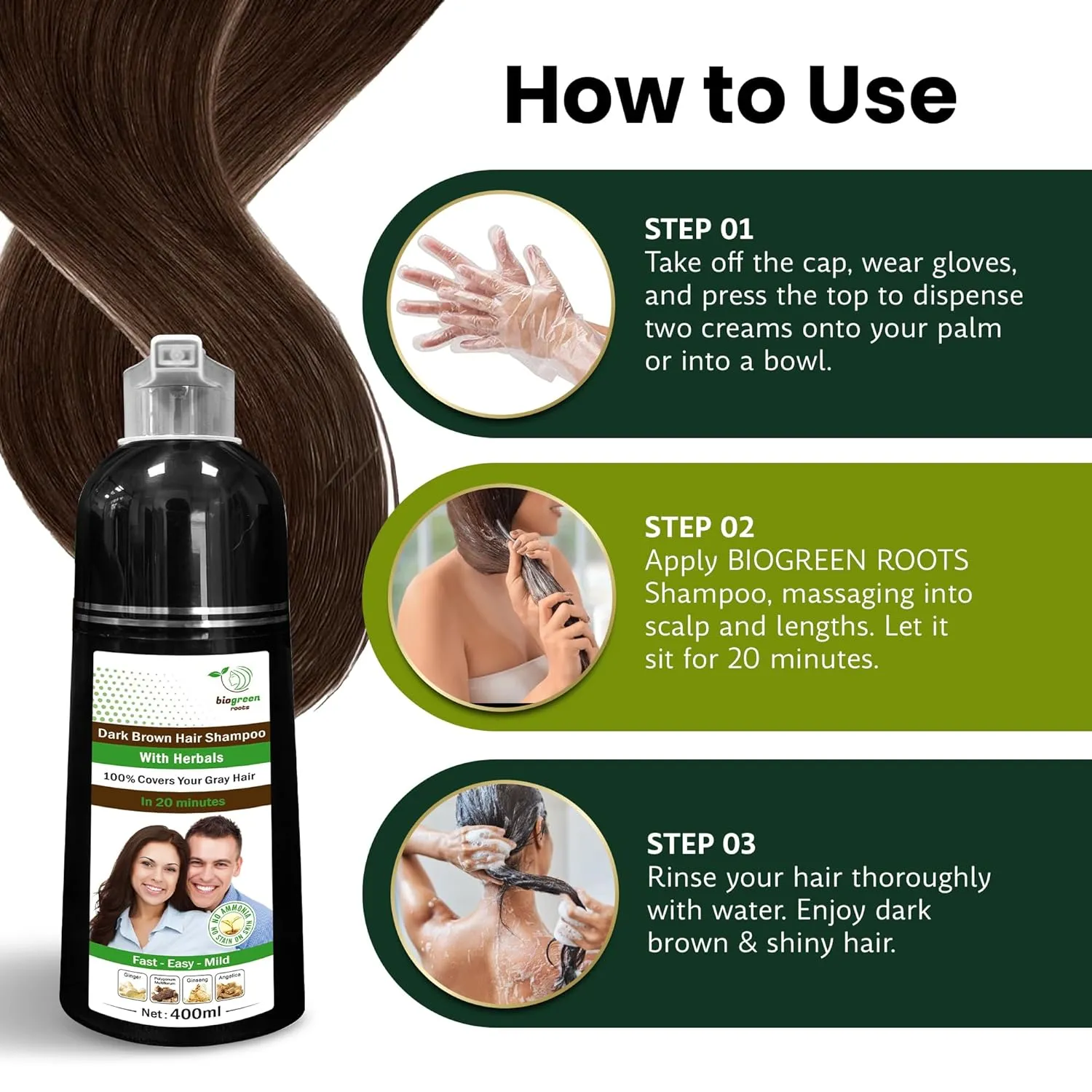 Ammonia-Free & Paraben Free Herbal Hair Shampoo - Hair Dye Shampoo for Women & Men - Natural Color & Herbal Nourishment - No Stain on Skin - Dark Brown (400 ml)