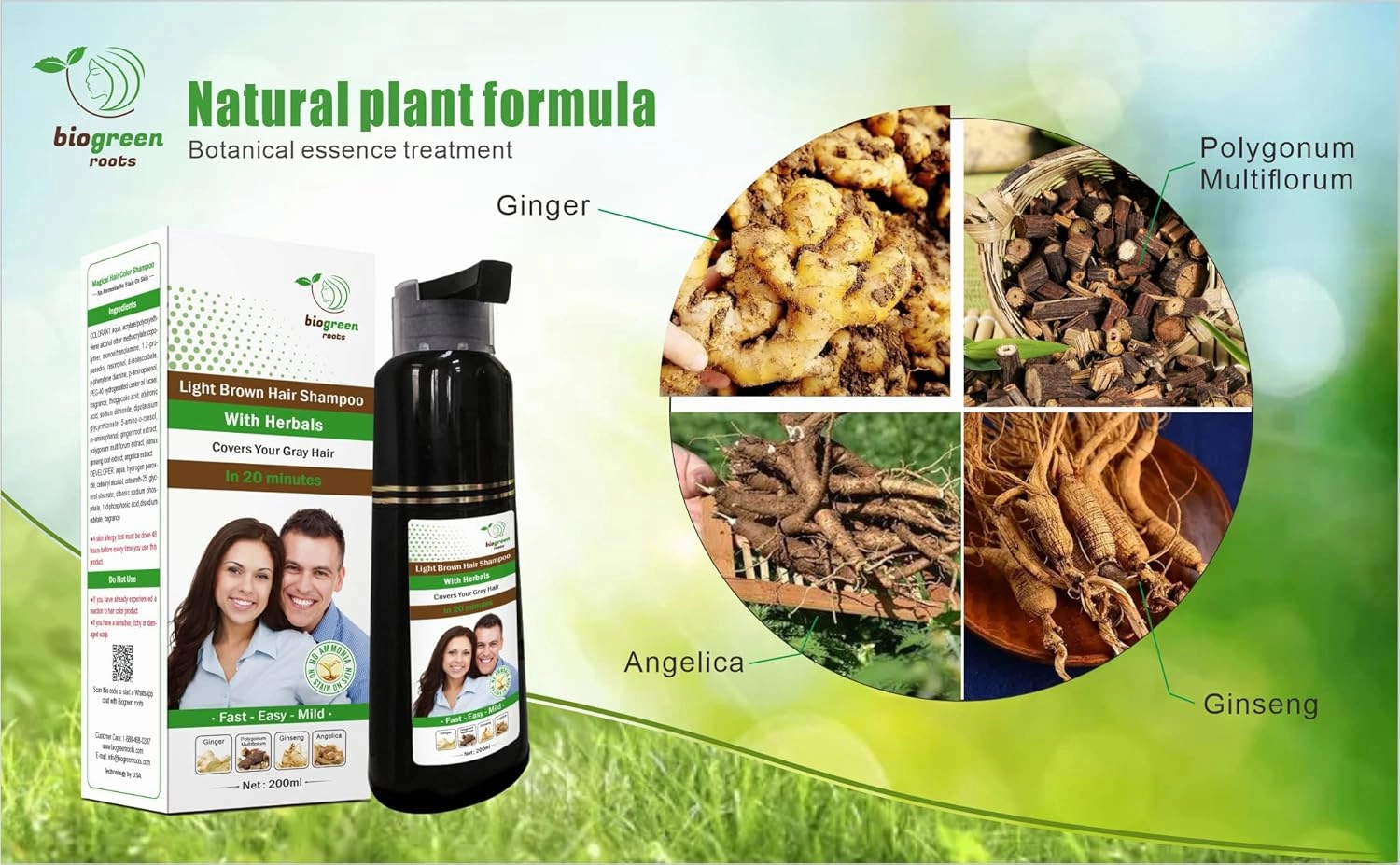 Ammonia-Free & Paraben Free Herbal Hair Shampoo - Hair Dye Shampoo for Women & Men - Natural Color and Herbal Nourishment - No Stain on Skin - Light Brown (200 ml)