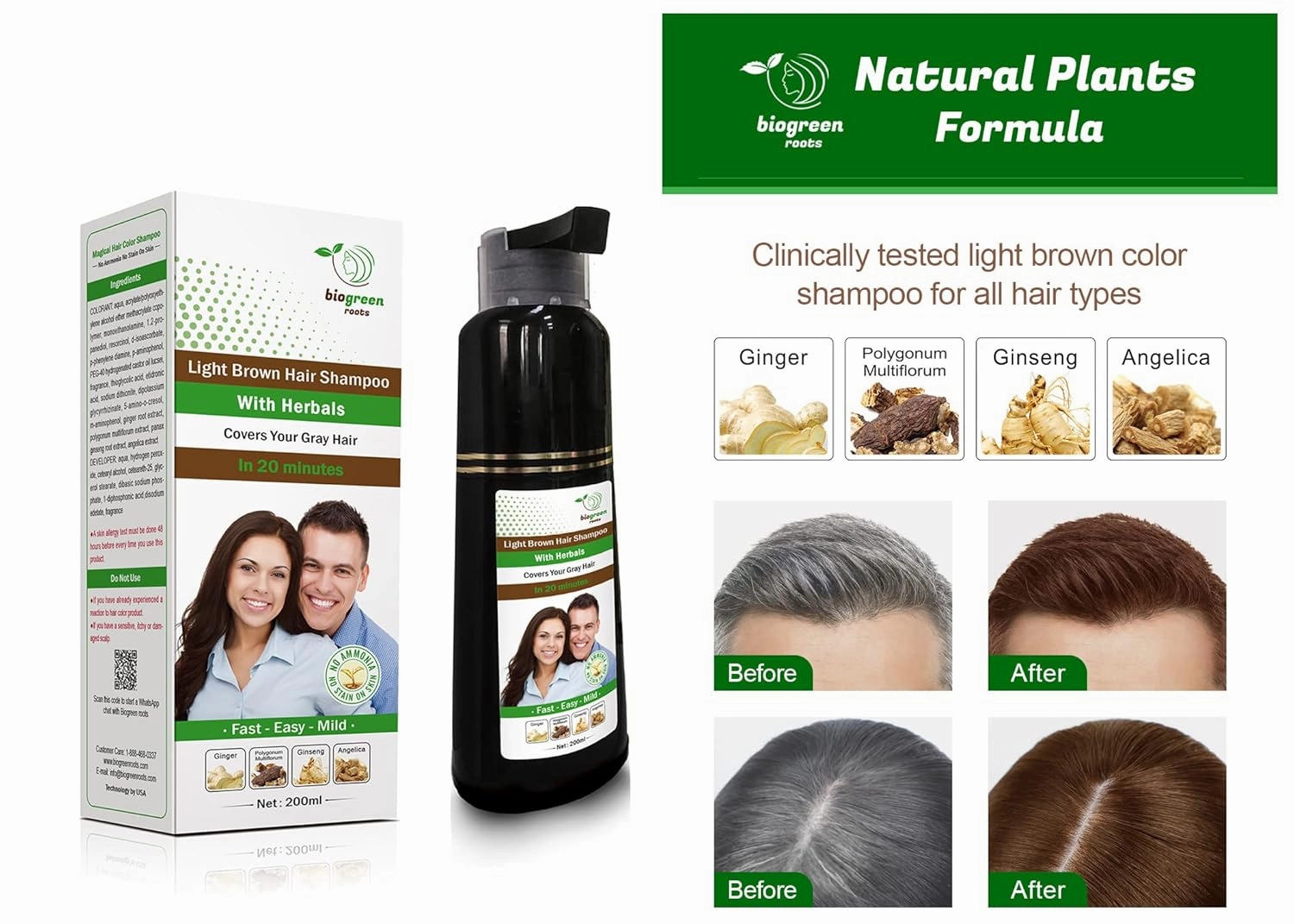 Ammonia-Free & Paraben Free Herbal Hair Shampoo - Hair Dye Shampoo for Women & Men - Natural Color and Herbal Nourishment - No Stain on Skin - Light Brown (200 ml)