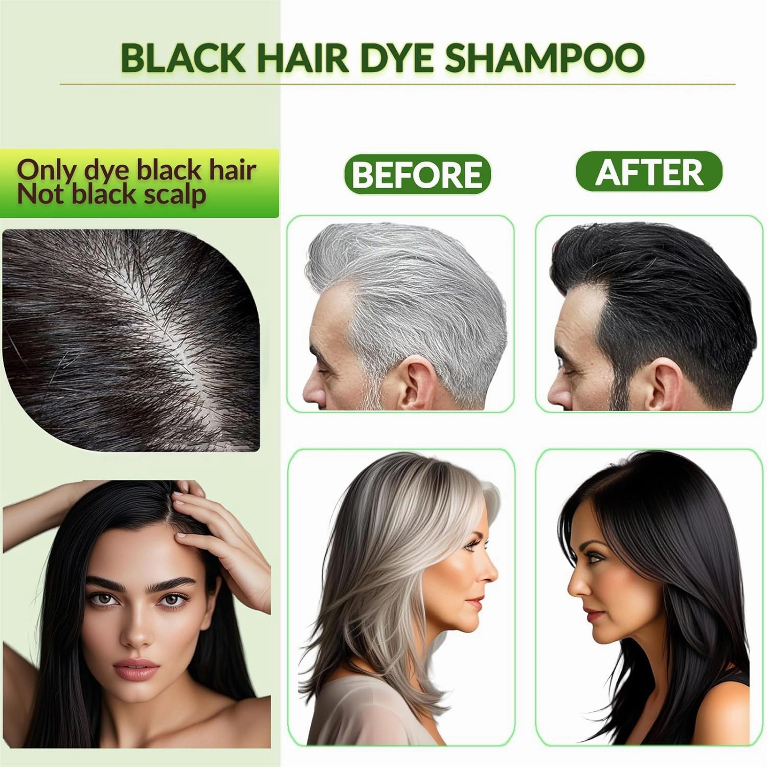 Ammonia-Free Instant Black Hair Dye Shampoo for Gray Coverage,Non-Staining scalp Long-Lasting Natural Black Hair Color Shampoo for Men/Women,Gentle Dye for Damaged Hair