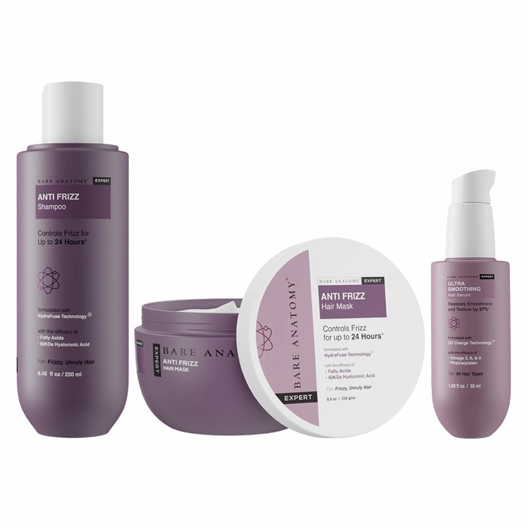 Anti Frizz Shampoo   Hair Mask   Ultra Smoothing Hair Serum Kit | Frizz Control upto 24 hrs | Hyaluronic Acid & Fatty Acids | Paraben & Sulphate Free | Women & Men | 250ml   250g   50ml
