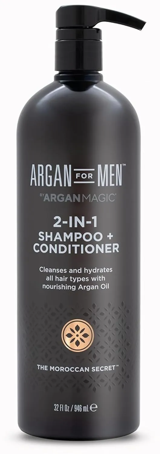 Argan Magic 2-in-1 Men's Shampoo   Conditioner with Argan Oil & Bergamot Scent - Cleanses and Hydrates All Hair Types, Restore Moisture, Boost Shine | Made in USA, Paraben Free, Cruelty Free (32 oz)