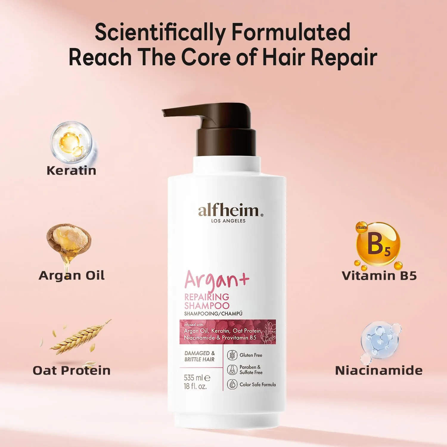Argan  Repairing Shampoo | Argan Oil & Keratin for Dry, Damaged & Brittle Hair | Deep Nourishing & Strengthening | Sulfate-Free, Color-Safe & Frizz Control | 18 fl oz