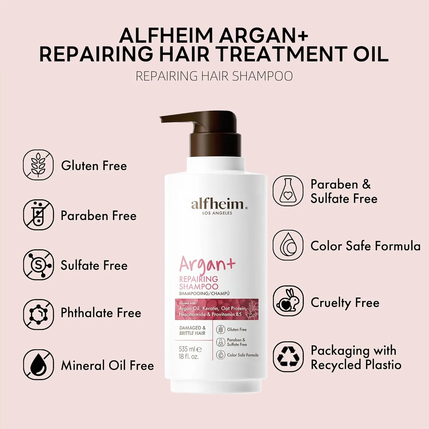 Argan  Repairing Shampoo | Argan Oil & Keratin for Dry, Damaged & Brittle Hair | Deep Nourishing & Strengthening | Sulfate-Free, Color-Safe & Frizz Control | 18 fl oz