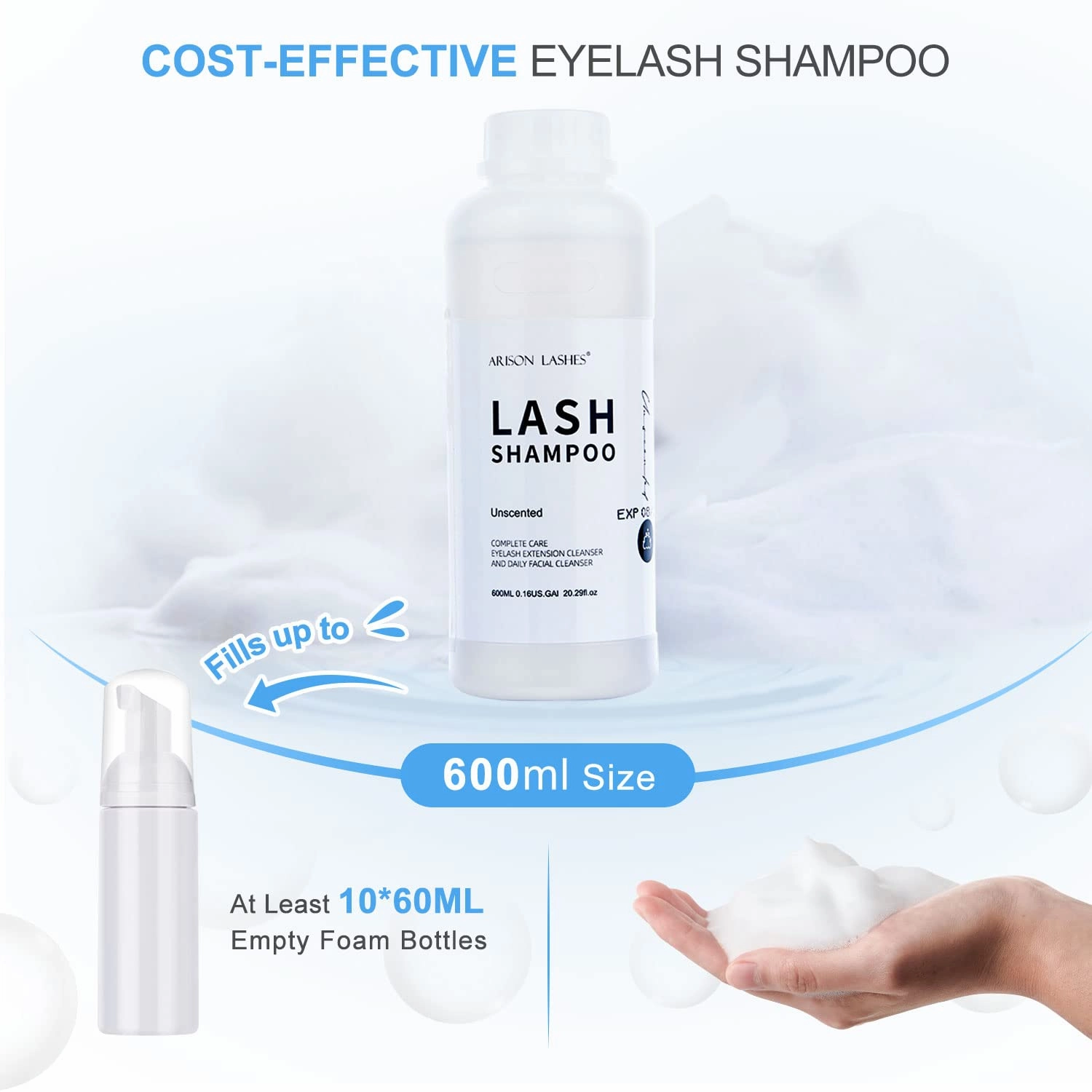Arison Eyelash Eyelash Extension Shampoo 600ml / Eyelid Foaming Cleanser/Wash for Extensions and Natural Lashes/Paraben & Sulfate Free Safe Makeup & / Professional & Self Use (unscented)…
