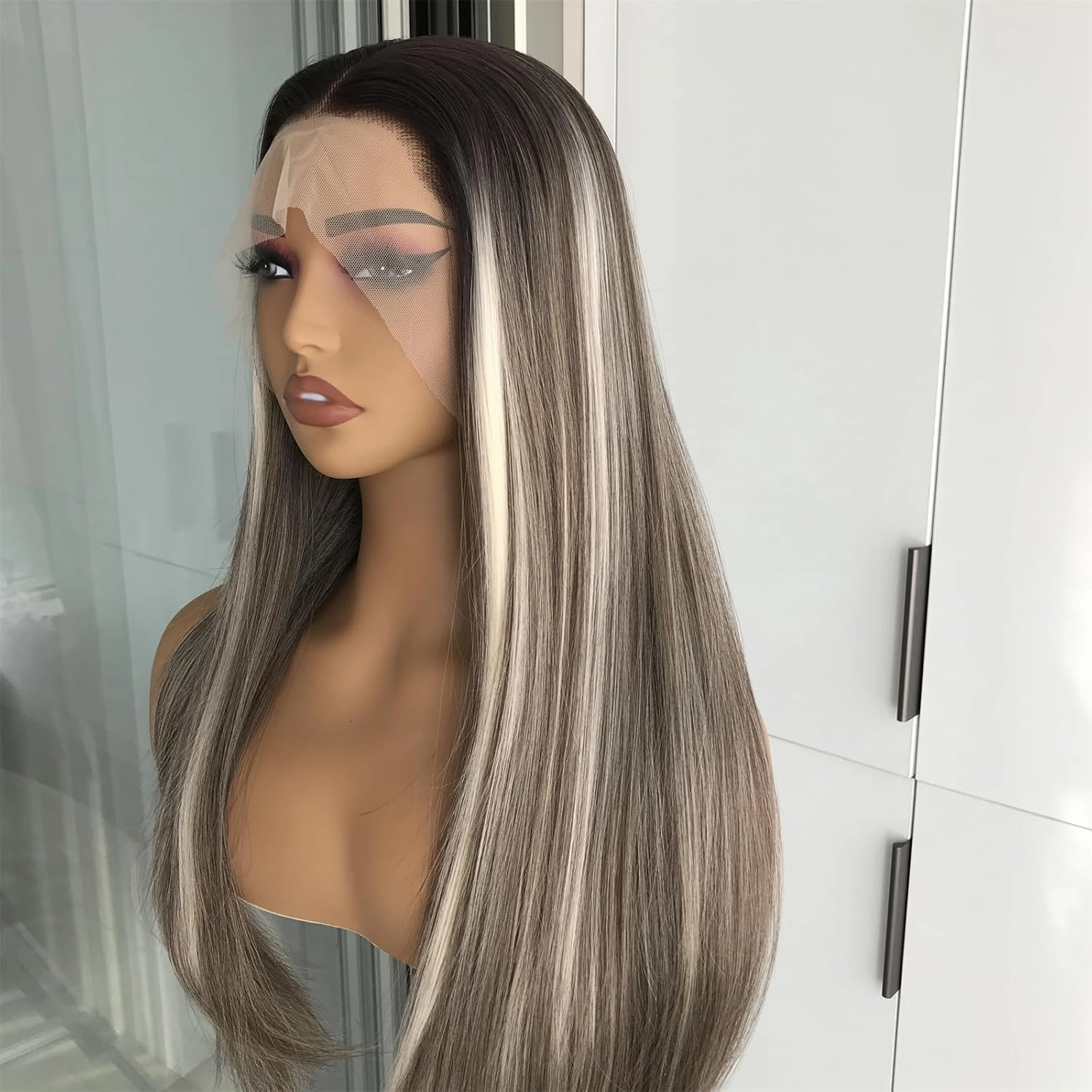Ashy Brunette with Blonde Highlights Straight Synthetic Lace Front Wig for Women 13x4 Lace Front Wig Pre Plucked Natural Looking 22inch for Daily Use