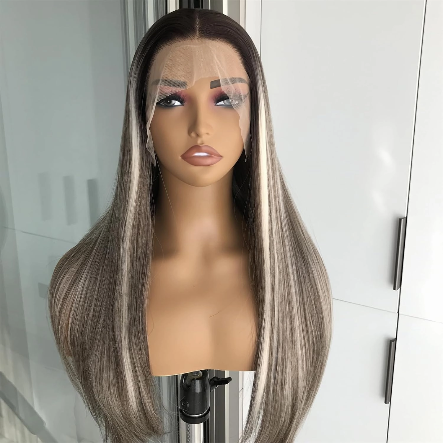 Ashy Brunette with Blonde Highlights Straight Synthetic Lace Front Wig for Women 13x4 Lace Front Wig Pre Plucked Natural Looking 22inch for Daily Use