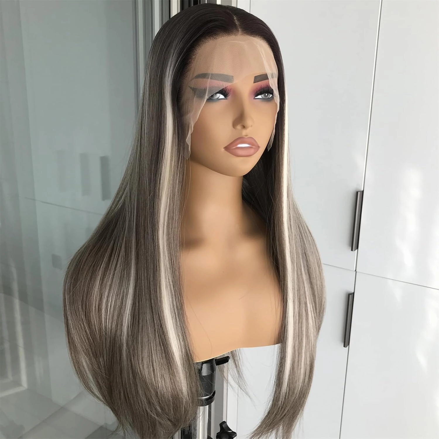 Ashy Brunette with Blonde Highlights Straight Synthetic Lace Front Wig for Women 13x4 Lace Front Wig Pre Plucked Natural Looking 22inch for Daily Use