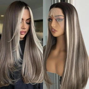Ashy Brunette with Blonde Highlights Straight Synthetic Lace Front Wig for Women 13x4 Lace Front Wig Pre Plucked Natural Looking 22inch for Daily Use