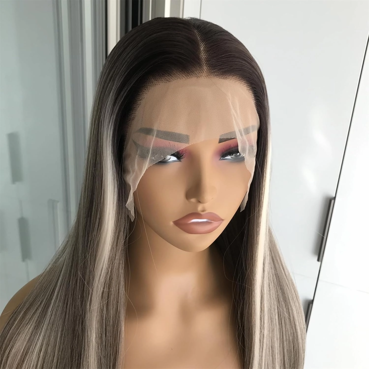 Ashy Brunette with Blonde Highlights Straight Synthetic Lace Front Wig for Women 13x4 Lace Front Wig Pre Plucked Natural Looking 22inch for Daily Use