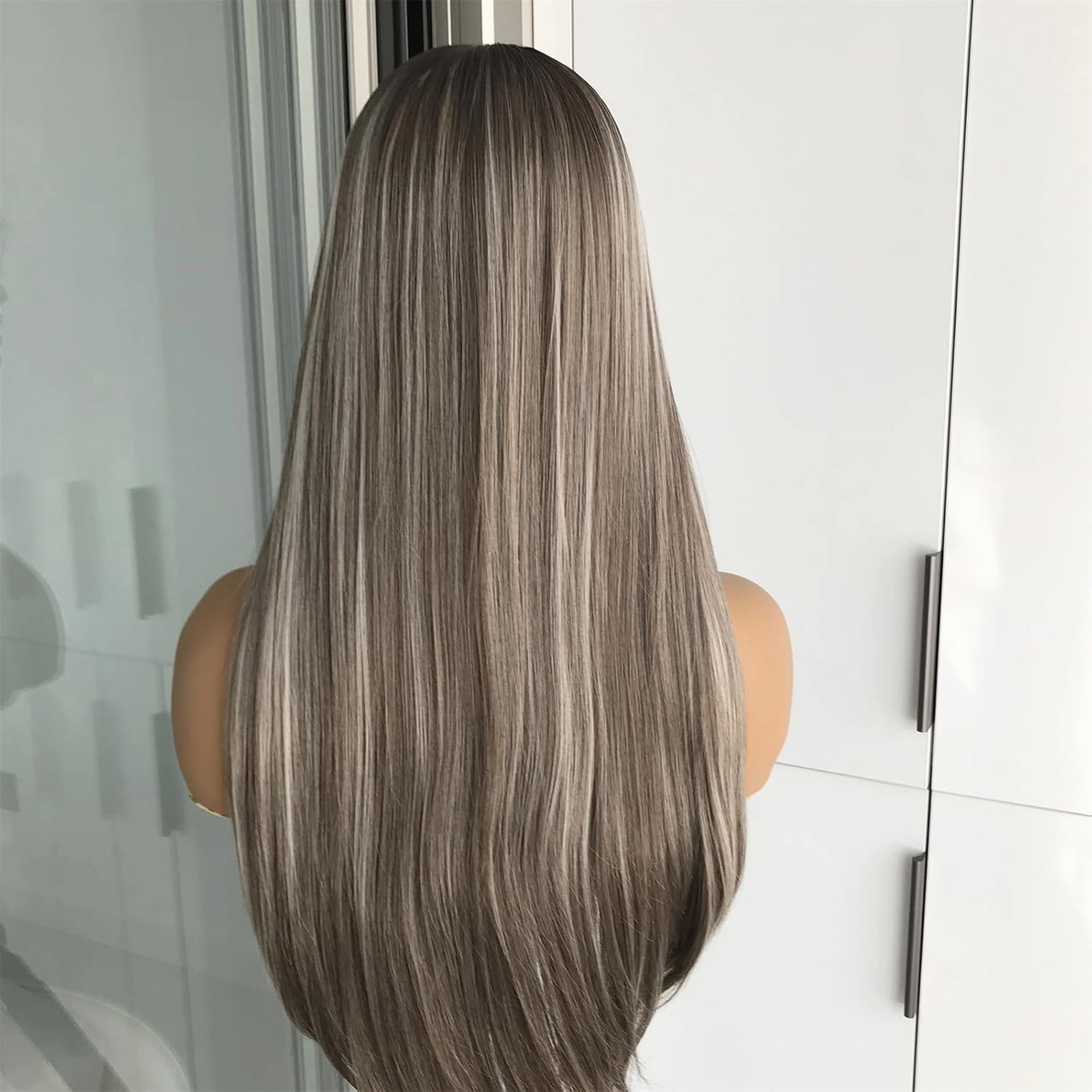 Ashy Brunette with Blonde Highlights Straight Synthetic Lace Front Wig for Women 13x4 Lace Front Wig Pre Plucked Natural Looking 22inch for Daily Use