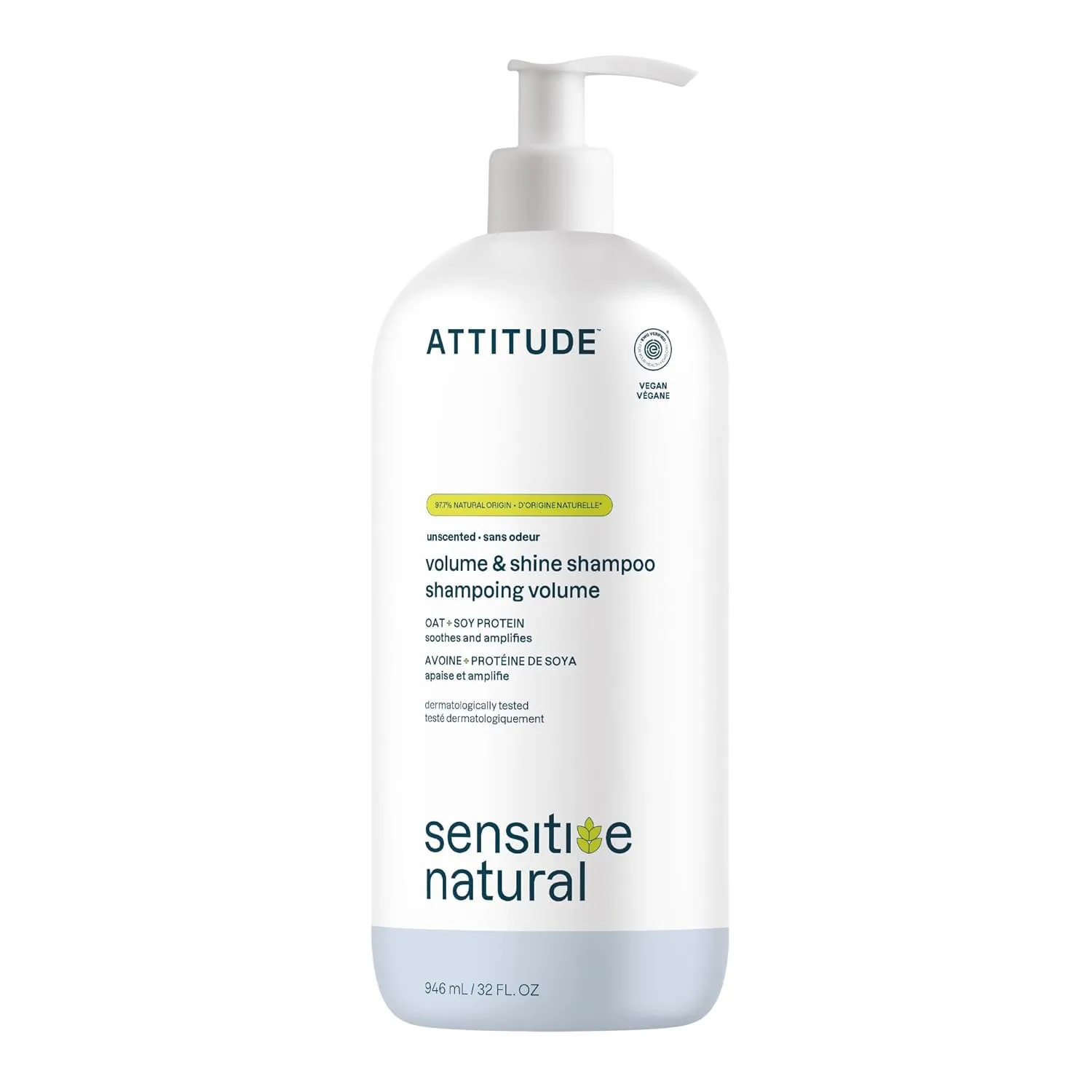 ATTITUDE Hair Shampoo for Sensitive Dry Scalp, EWG Verified, Soothing Oat, For Thin Hair, Naturally Derived Ingredients, Vegan and Plant-Based, Volume and Shine, Unscented, 32 Fl Oz