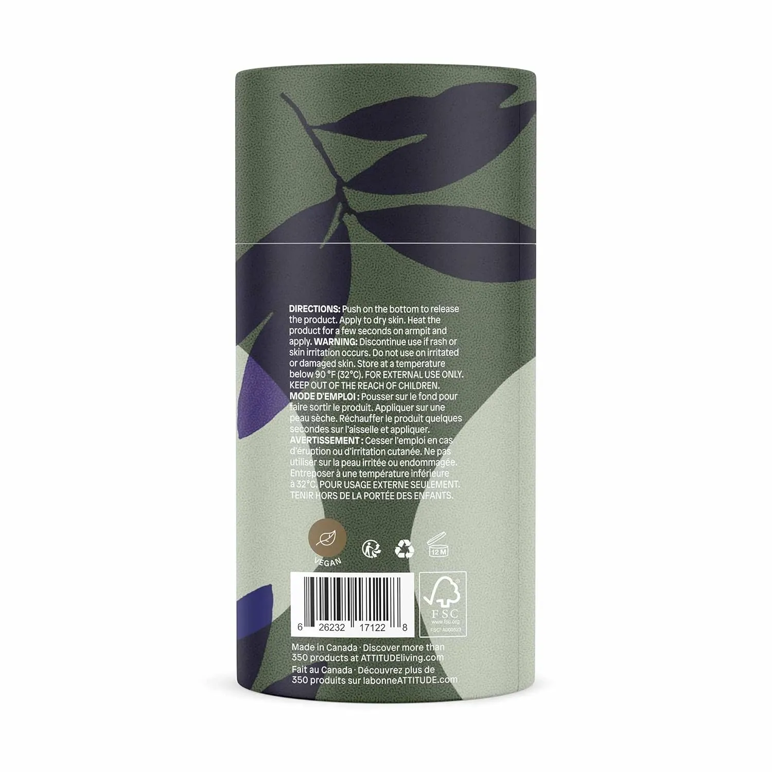 ATTITUDE Natural Deodorant, Aluminum-free, Odor Control & Long Lasting, Nourishing Ingredients, Castor and Jojoba Oils, Baking Soda-free, EWG Verified, For Men and Women, Herbal Musk, 3 Oz