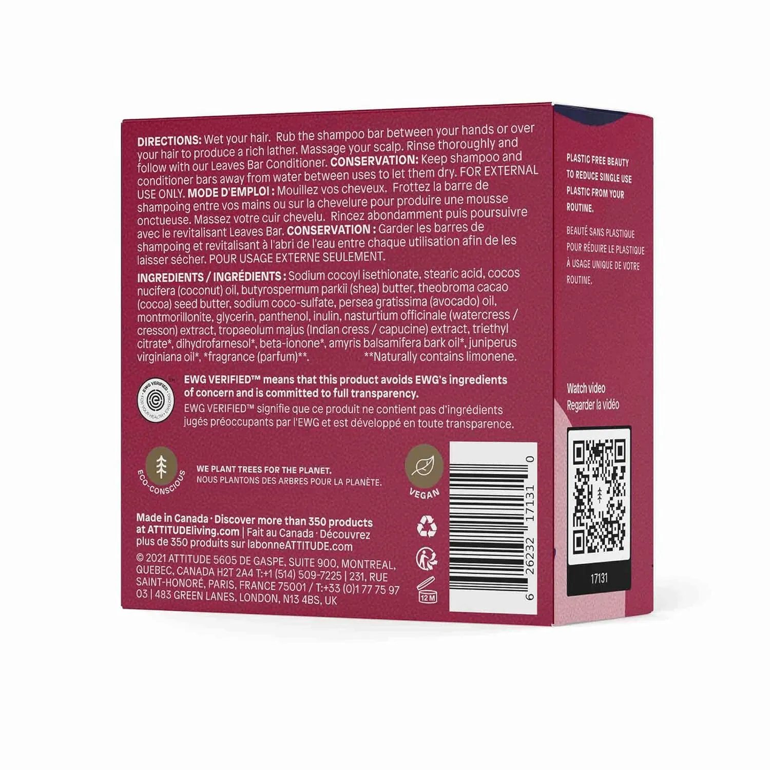 ATTITUDE Nourishing Shampoo Bar, Natural Origin, For Healthy-Looking and Soft Hair, Avocado Oil, EWG Verified & Clean Ingredients, Vegan, Sandalwood, 4 Oz
