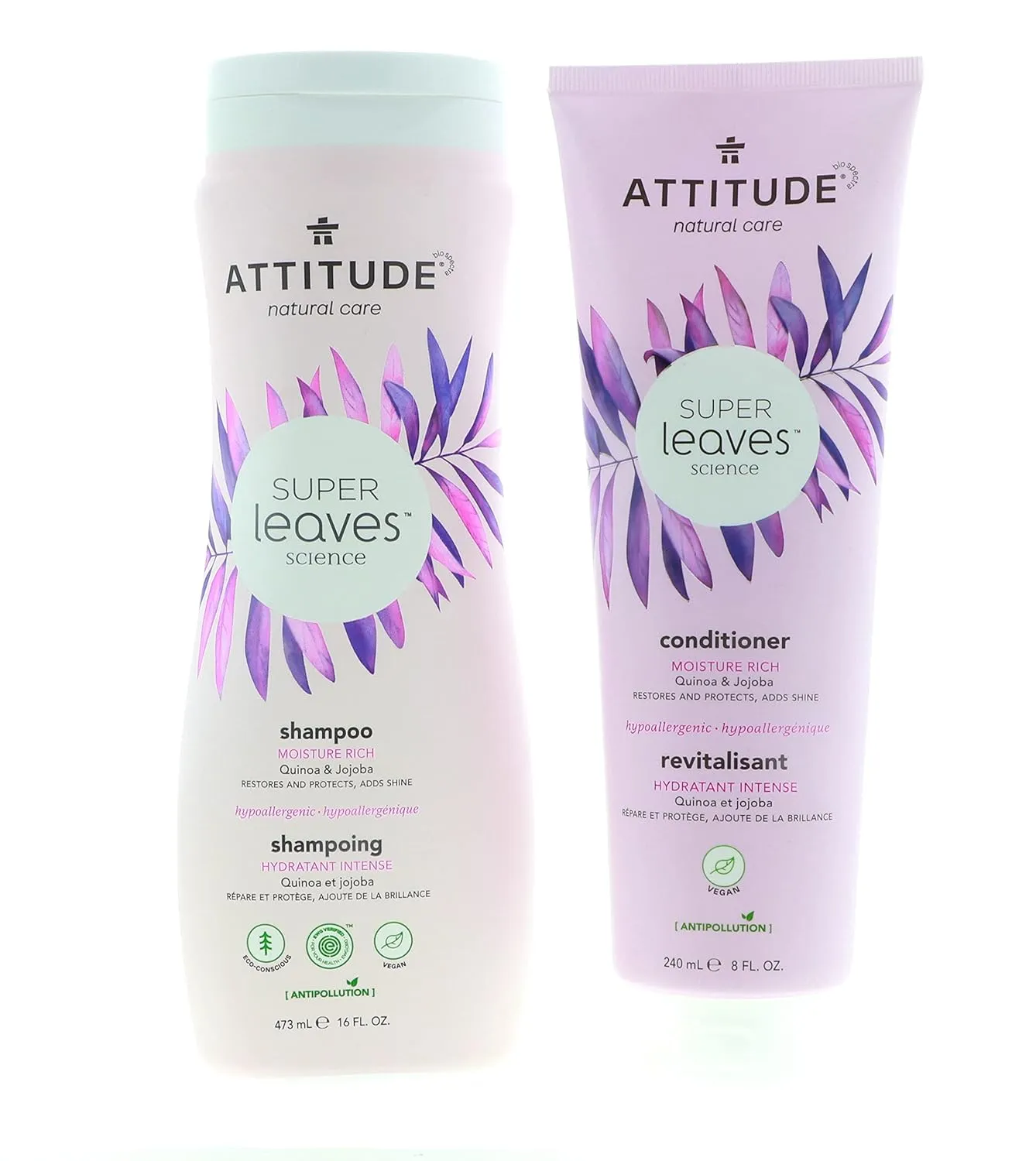 ATTITUDE Super Leaves Moisture Rich Shampoo & Conditioner Bundle With Quinoa, Vitamin B5, Jojoba, Indian Cress, Watercress & Jasmine, Guava, 16   8 Fl Oz, 2 Count