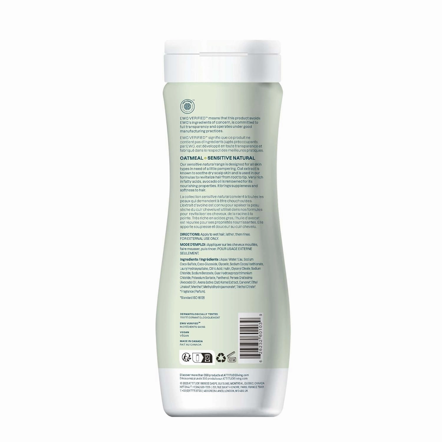 ATTITUDE Hair Shampoo for Sensitive Dry Scalp, EWG Verified, Soothing Oat, Dry and Damaged Hair, Naturally Derived Ingredients, Vegan and Plant-Based, Nourishing, Avocado Oil, 16 Fl Oz (Pack of 6)