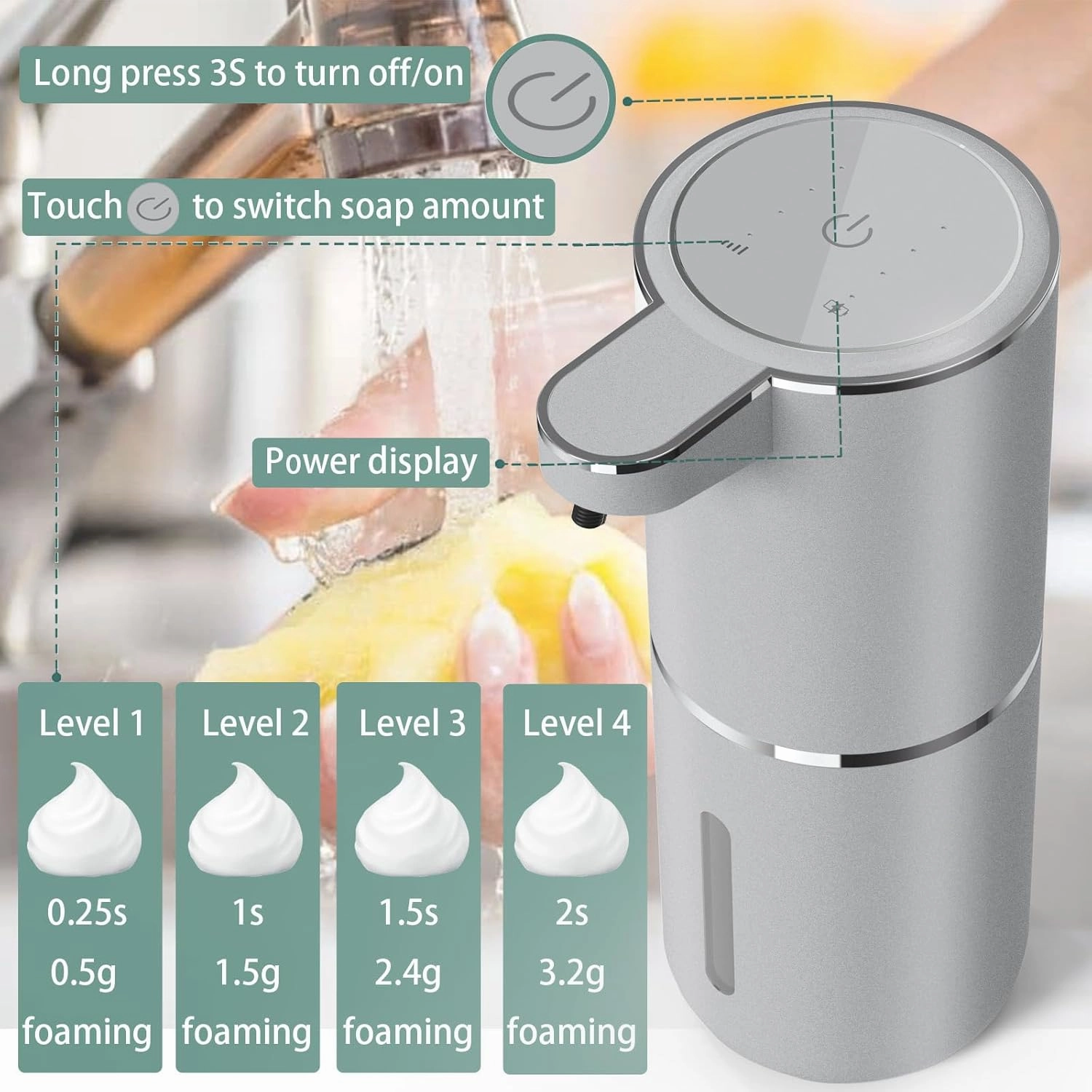 Automatic Soap Dispenser – Touchless Foaming Soap Dispenser 400ml USB Rechargeable Dispenser Electric Wall Mounted 4levels Adjustable Foam Soap Dispenser Pump for Bathroom Kitchen(Silver)