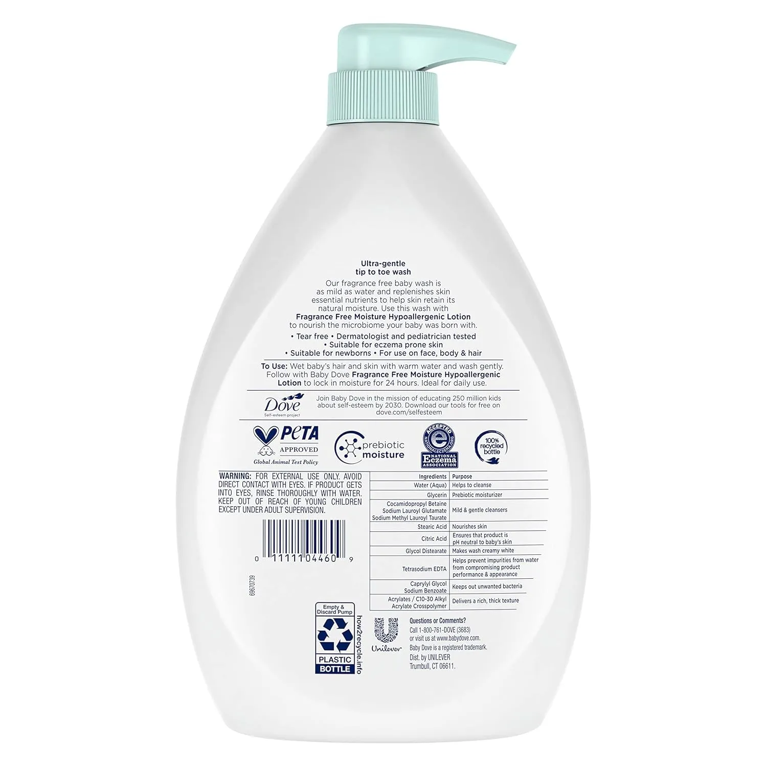 Baby Dove Sensitive Skin Care Baby Wash Fragrance Free Moisture For Baby Bath Time Fragrance Free and Hypoallergenic, Washes Away Bacteria 34 oz (Pack of 1)