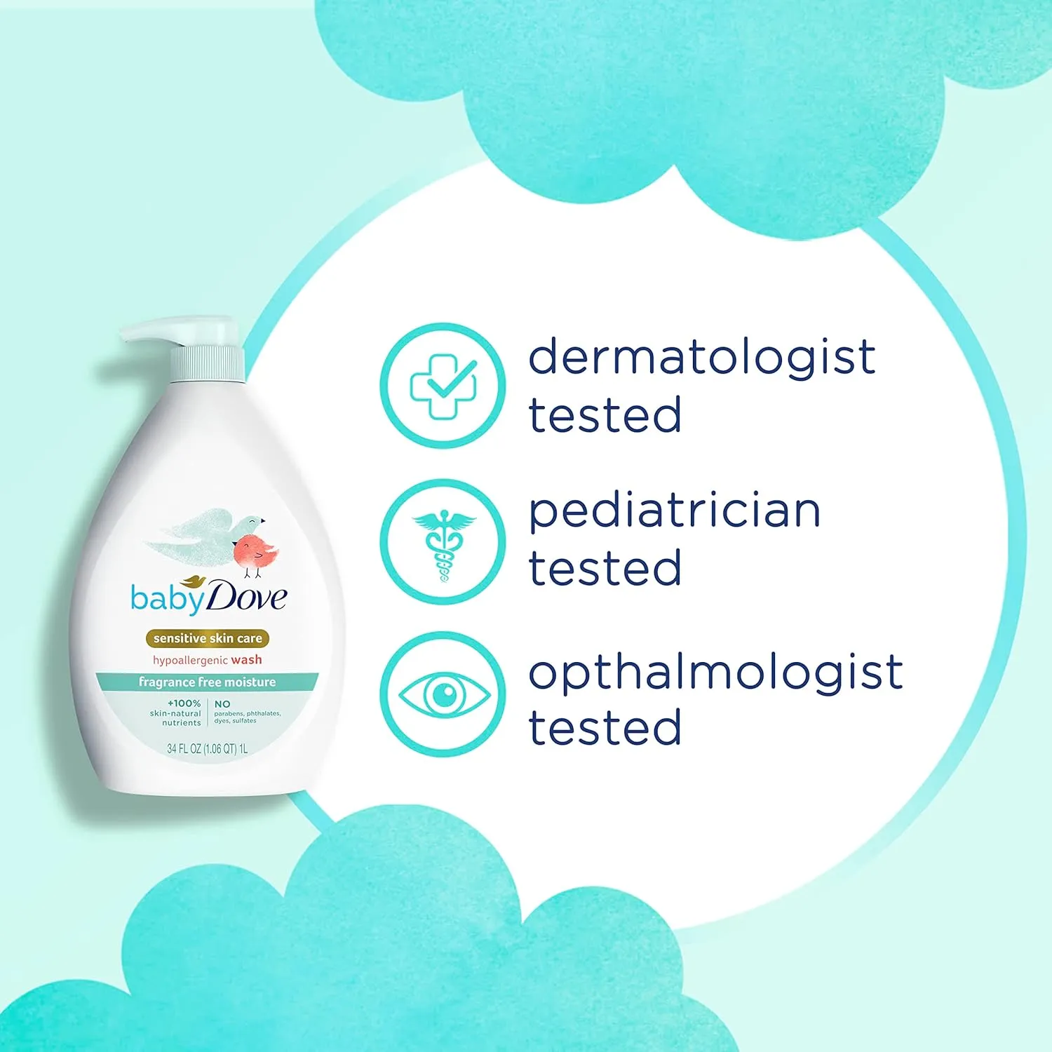 Baby Dove Sensitive Skin Care Baby Wash Fragrance Free Moisture For Baby Bath Time Fragrance Free and Hypoallergenic, Washes Away Bacteria 34 oz (Pack of 1)