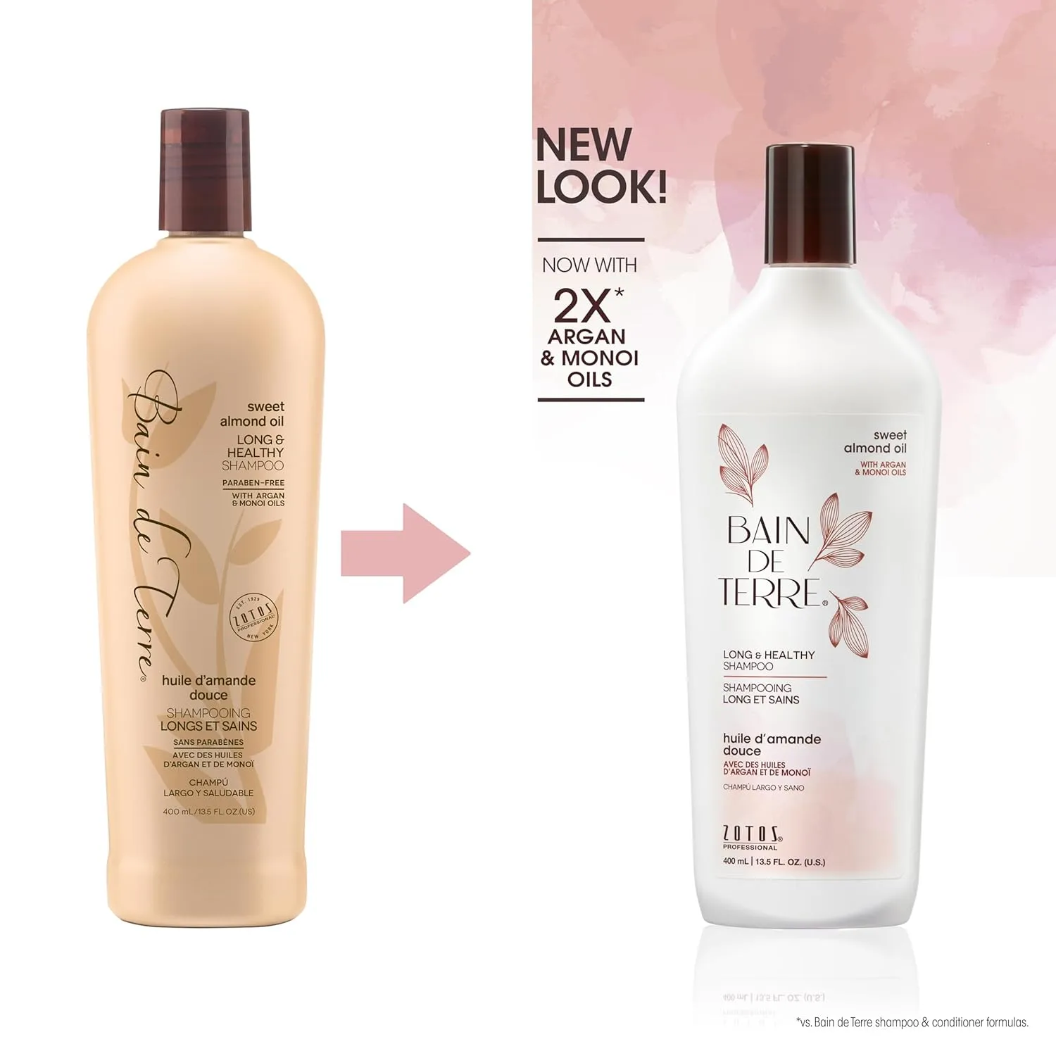 Bain de Terre Sweet Almond Oil Long & Healthy Shampoo, Strength & Protection for Weak, Damaged Hair, with Argan & Monoi Oils, Paraben-Free, Color-Safe, Vegan