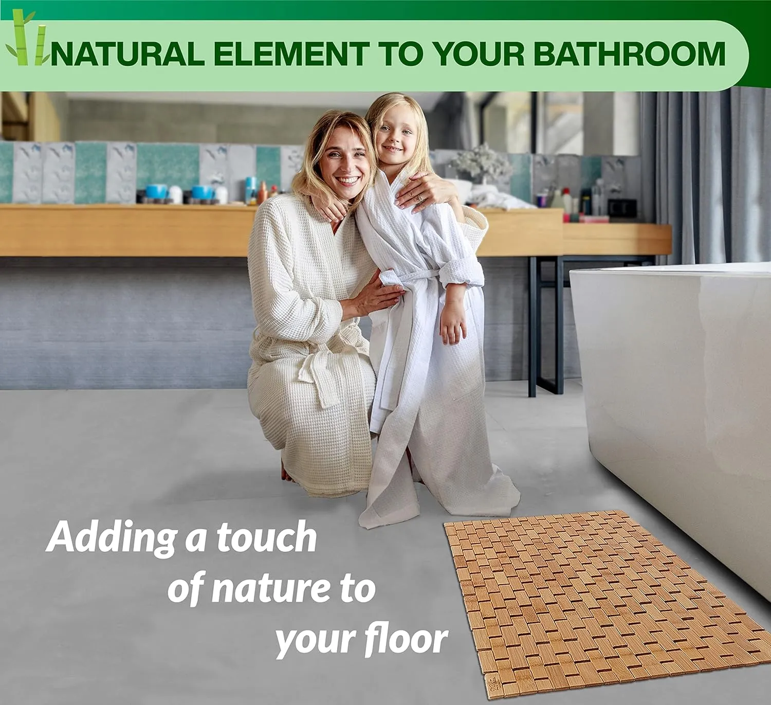 Bamboo Bath Mat for Bathroom - [24 x 16 x 0.4 Inches] Foldable Wooden Bathmat - Sauna Spa Tub Steps and Floor Accessories