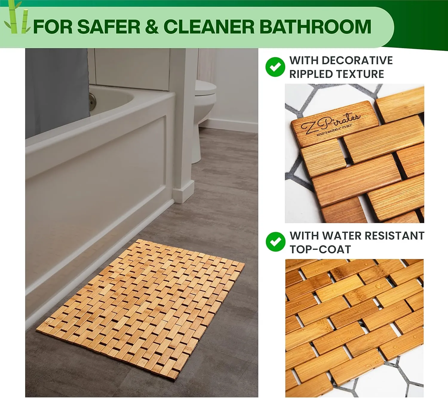 Bamboo Bath Mat for Bathroom - [24 x 16 x 0.4 Inches] Foldable Wooden Bathmat - Sauna Spa Tub Steps and Floor Accessories