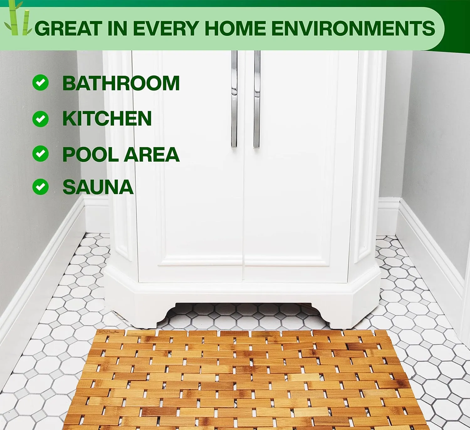 Bamboo Bath Mat for Bathroom - [24 x 16 x 0.4 Inches] Foldable Wooden Bathmat - Sauna Spa Tub Steps and Floor Accessories