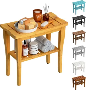 Bamboo Shower Bench Stool with Storage Shelf, Waterproof Shower Chair Spa Bath Seat, Shower Stool for Inside Shower, Bathroom Bench Seat for Adults Elderly Seniors for Indoor or Outdoor Use