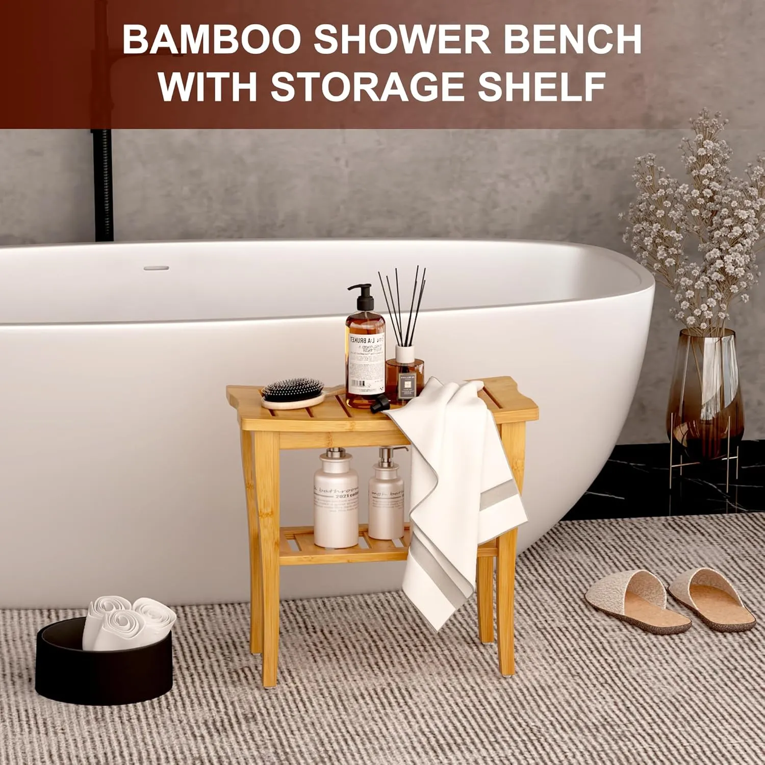 Bamboo Shower Bench Stool with Storage Shelf, Waterproof Shower Chair Spa Bath Seat, Shower Stool for Inside Shower, Bathroom Bench Seat for Adults Elderly Seniors for Indoor or Outdoor Use