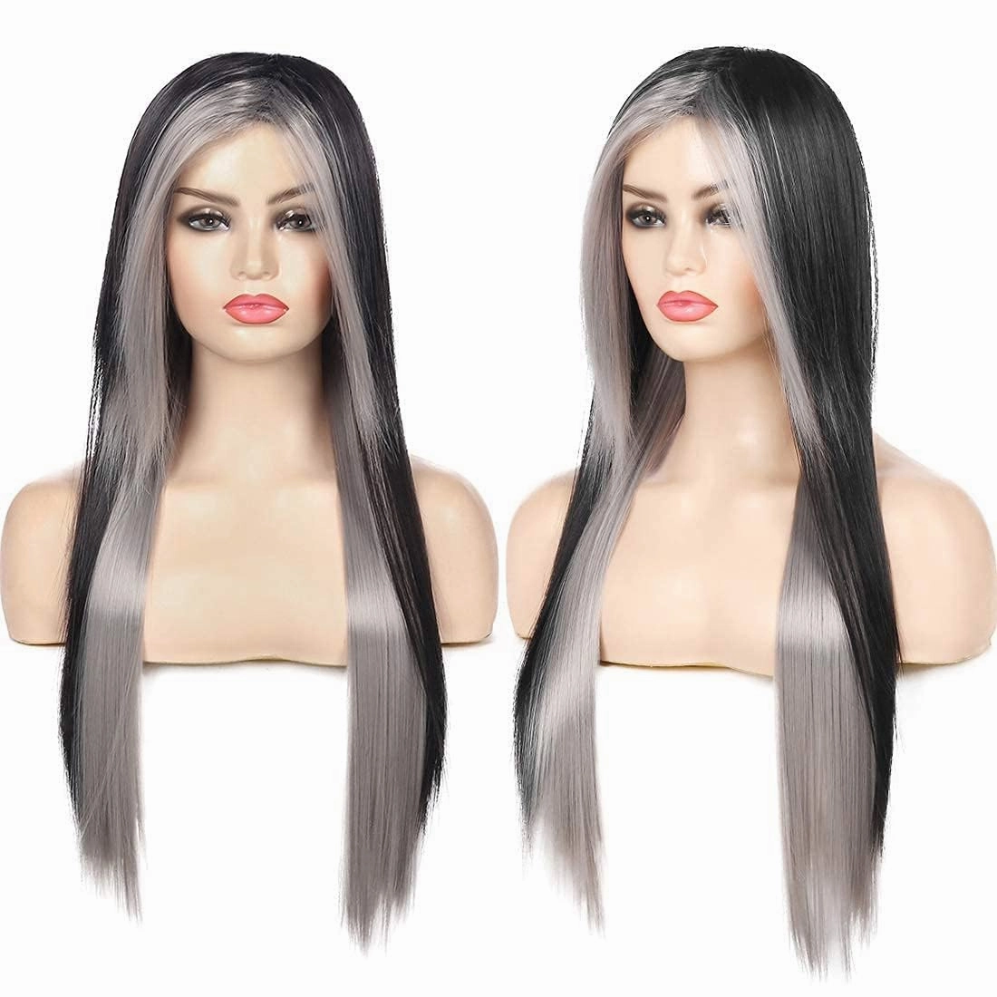 Baruisi Long Black Grey Wig Silky Straight Synthetic Heat Resistant Side Bangs Halloween Costume Hair Wigs for Women
