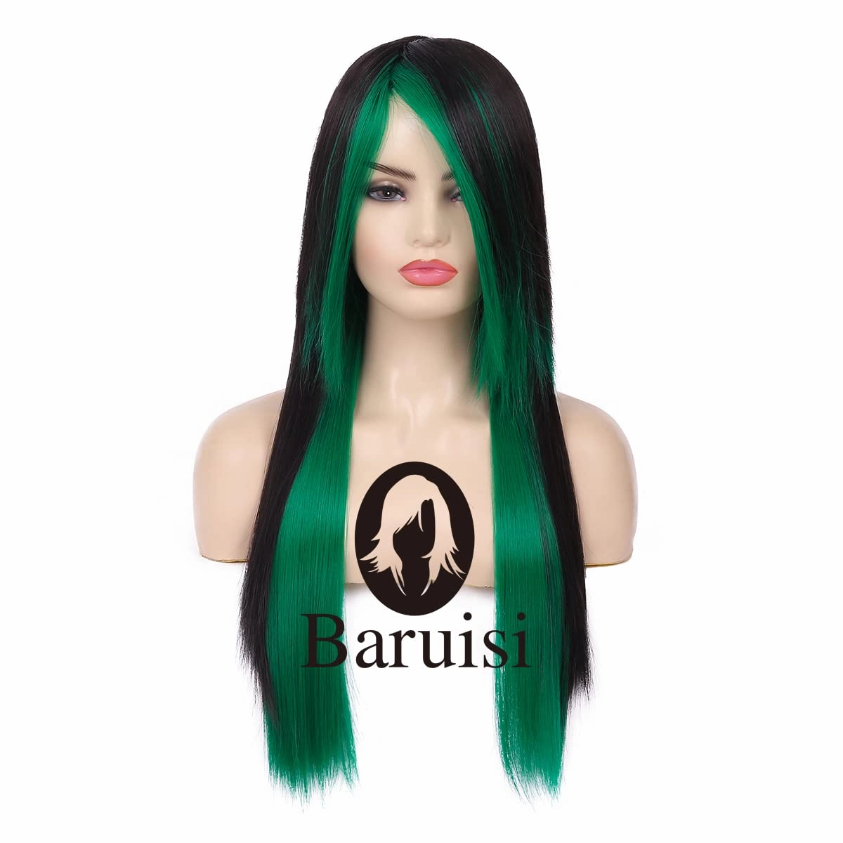 Baruisi Long Straight Black Green Wig Silky Synthetic Heat Resistant Side Bangs Halloween Costume Hair Wigs for Women Girls