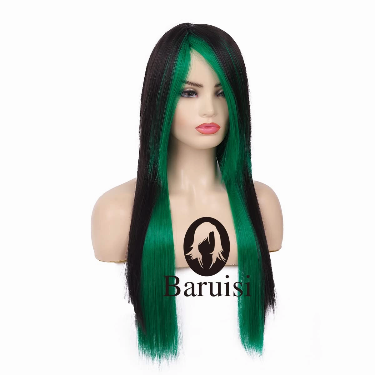 Baruisi Long Straight Black Green Wig Silky Synthetic Heat Resistant Side Bangs Halloween Costume Hair Wigs for Women Girls