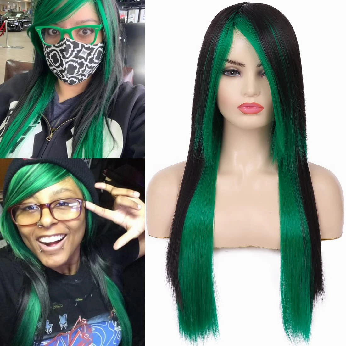 Baruisi Long Straight Black Green Wig Silky Synthetic Heat Resistant Side Bangs Halloween Costume Hair Wigs for Women Girls