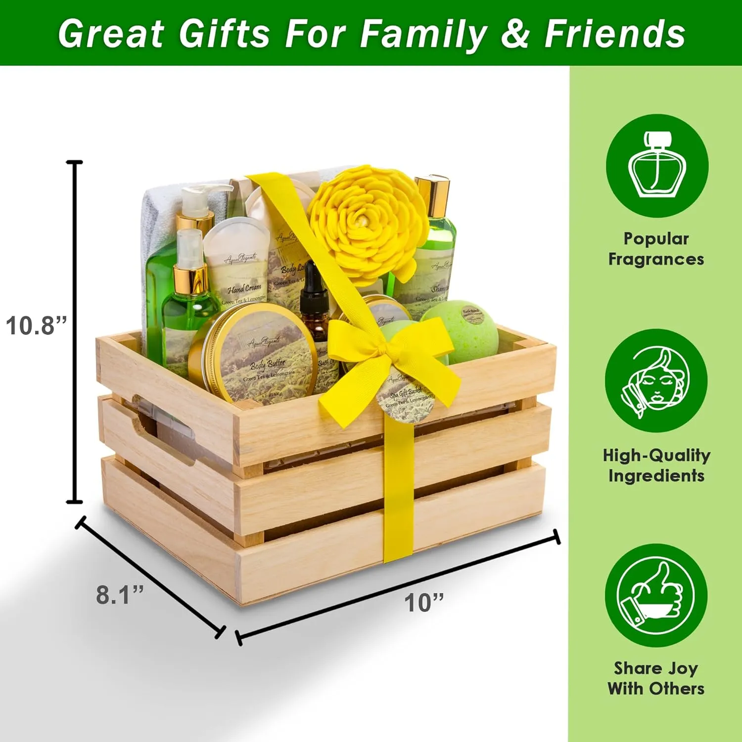 Bath Spa Gift Sets - Luxury Basket With Green Tea & Lemongrass - Spa Kit Includes Wash, Bubble Bath, Lotion, Bath Salts, Body Scrub, Body Spray, Shower Puff, Bathbombs, Soap and Towel