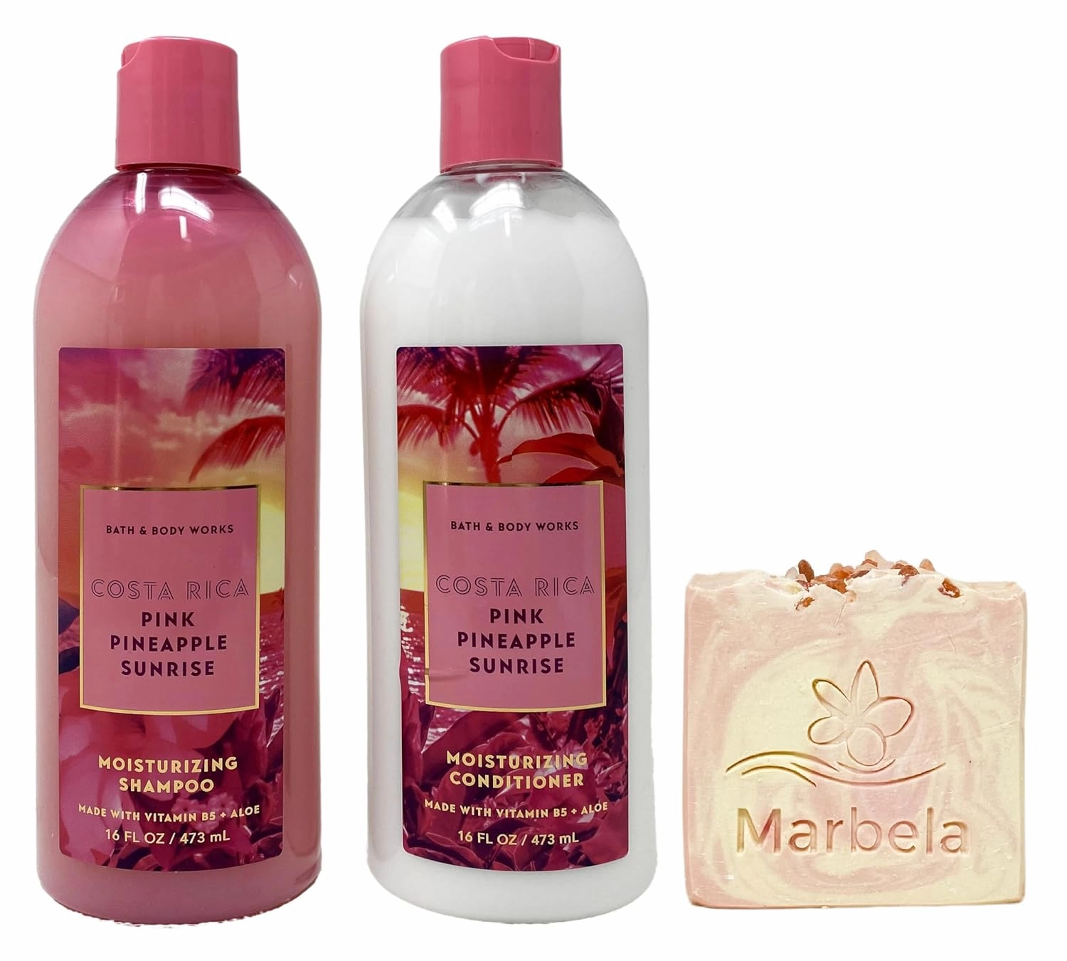 Bath & Body Works Costa Rica Pink Pineapple Sunrise - Duo Set - Shampoo and Conditioner with a Himalayan Salts Springs Bar Soap.