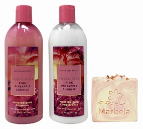 Bath & Body Works Costa Rica Pink Pineapple Sunrise - Duo Set - Shampoo and Conditioner with a Himalayan Salts Springs Bar Soap.