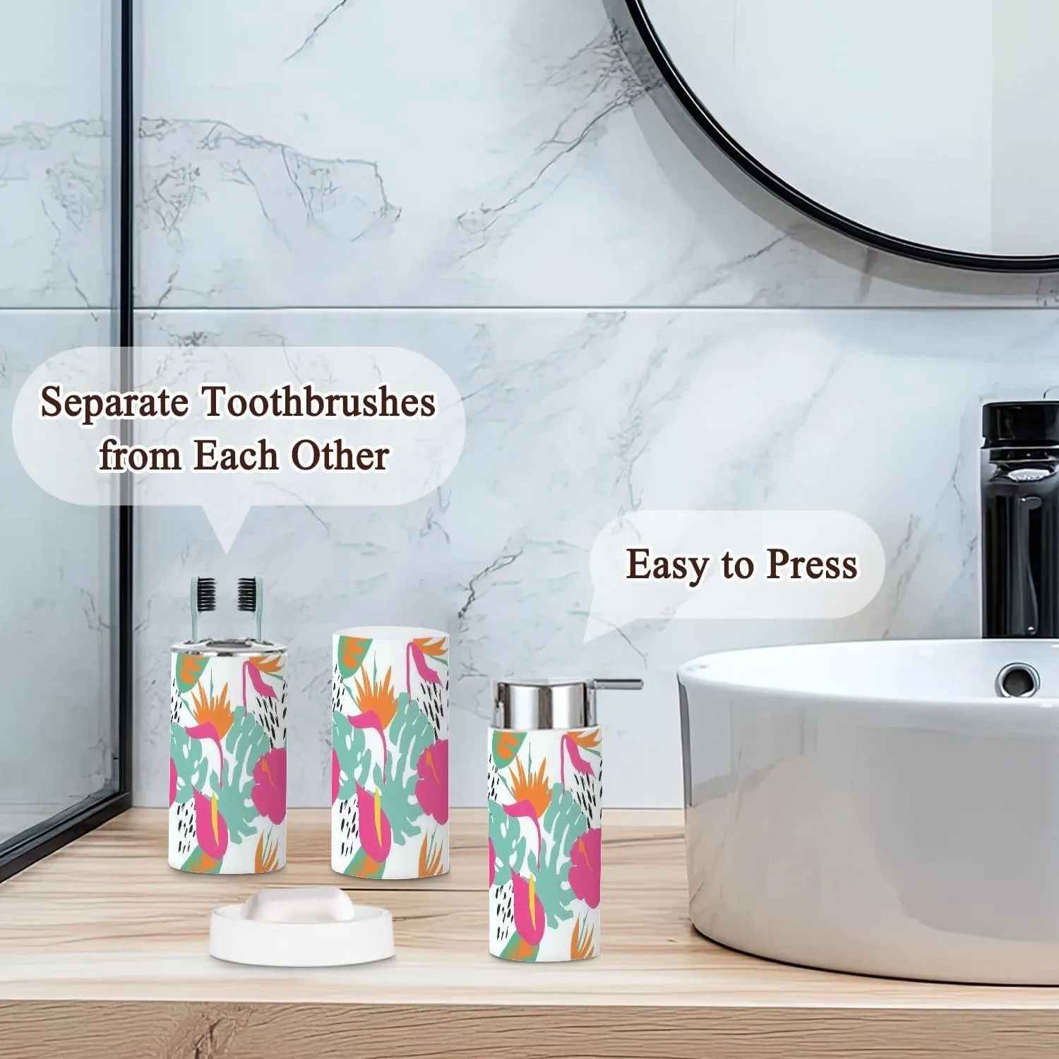 Bathroom Accessories Set 6 Pcs Minimal Summer Trendy Tile Seamless Scandinavian Style Bird Toothbrush Holder Cup Soap Dispenser Soap Dish Toilet Brush Holder Trash can for Countertop Decor