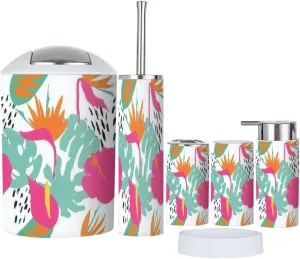 Bathroom Accessories Set 6 Pcs Minimal Summer Trendy Tile Seamless Scandinavian Style Bird Toothbrush Holder Cup Soap Dispenser Soap Dish Toilet Brush Holder Trash can for Countertop Decor