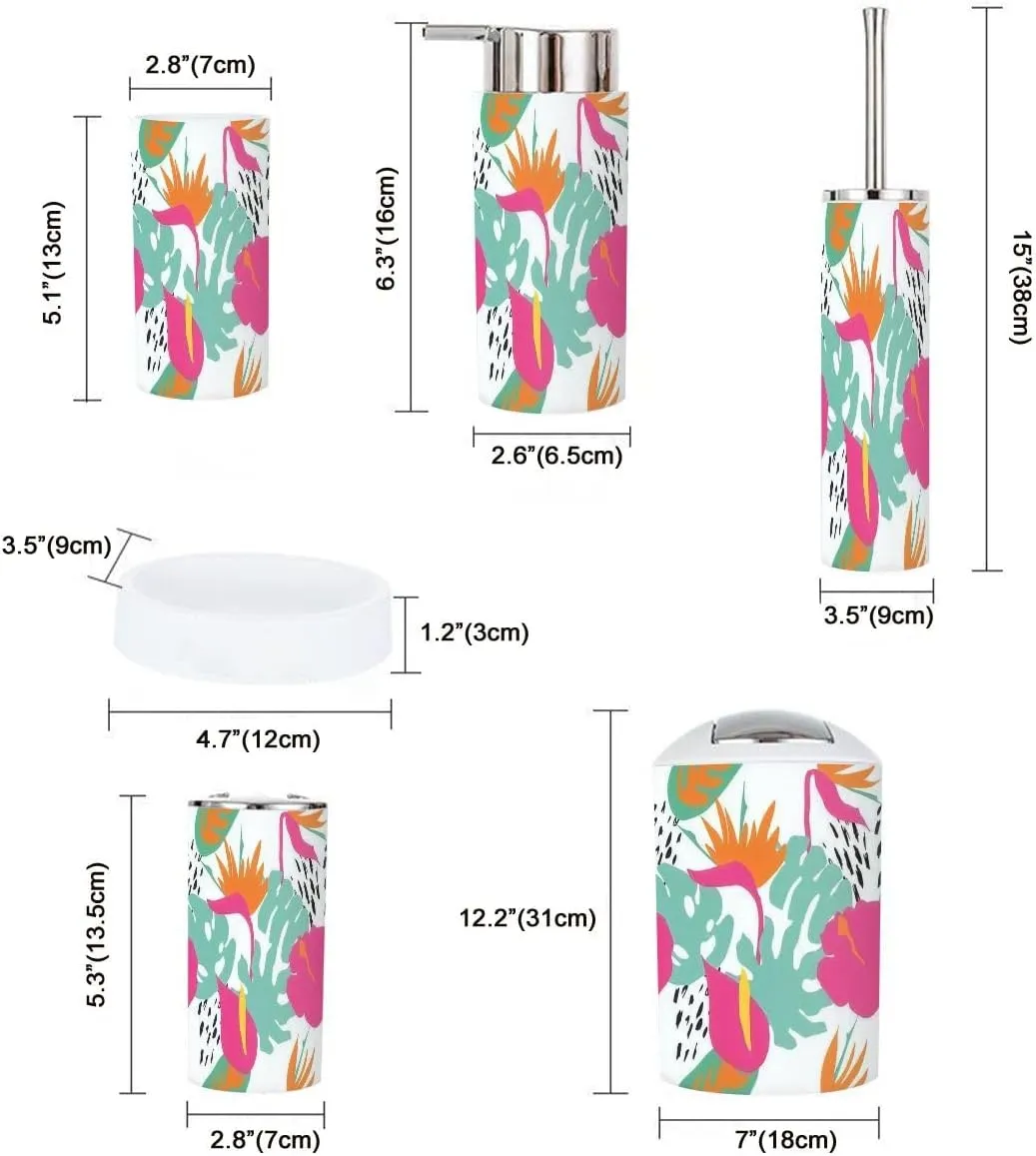 Bathroom Accessories Set 6 Pcs Minimal Summer Trendy Tile Seamless Scandinavian Style Bird Toothbrush Holder Cup Soap Dispenser Soap Dish Toilet Brush Holder Trash can for Countertop Decor