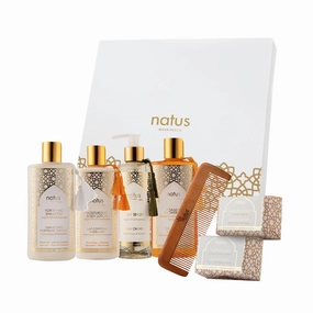 Beauty Set for Women with Argan Oil - Shampoo, Shower Gel, Hair Serum, Body Lotion, Moisturizing Soap, Purifying Soap, and Wooden Comb - All Skin/Hair Types - Vegan"