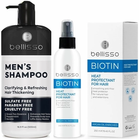 BELLISSO Shampoo for Men and Biotin Heat Protection Hair Spray with Moroccan Argan Oil