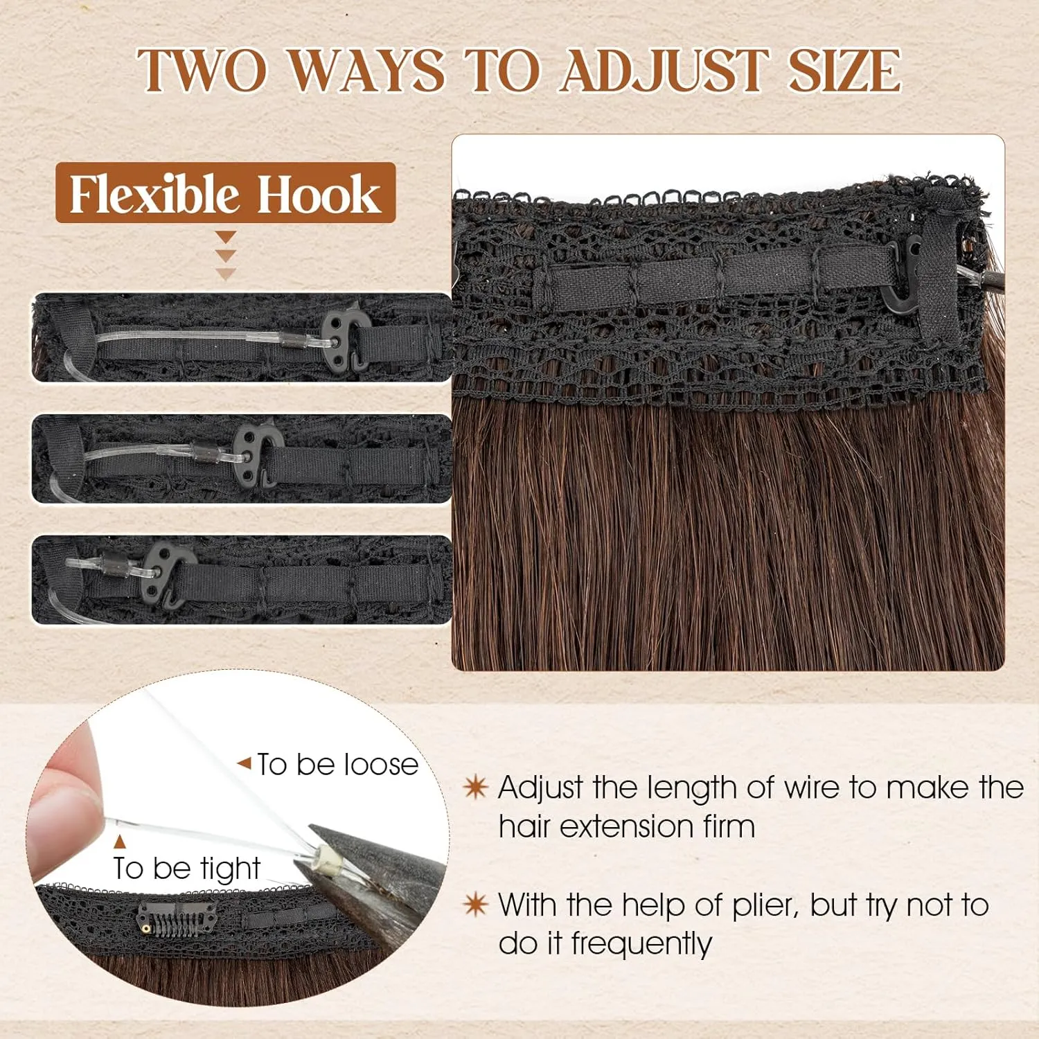 Benehair Halo Hair Extensions Real Human Hair 16 Inch Invisible Wire Hair Extensions with Fish Line Dark Brown Halo Hair Extension 100% Human Hair Halo Extensions 65g #2