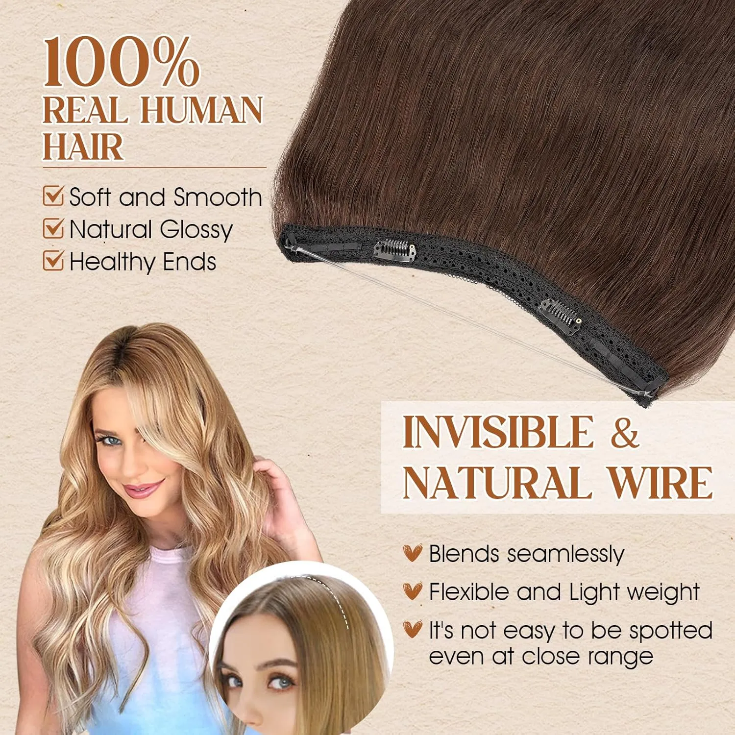 Benehair Halo Hair Extensions Real Human Hair 16 Inch Invisible Wire Hair Extensions with Fish Line Dark Brown Halo Hair Extension 100% Human Hair Halo Extensions 65g #2