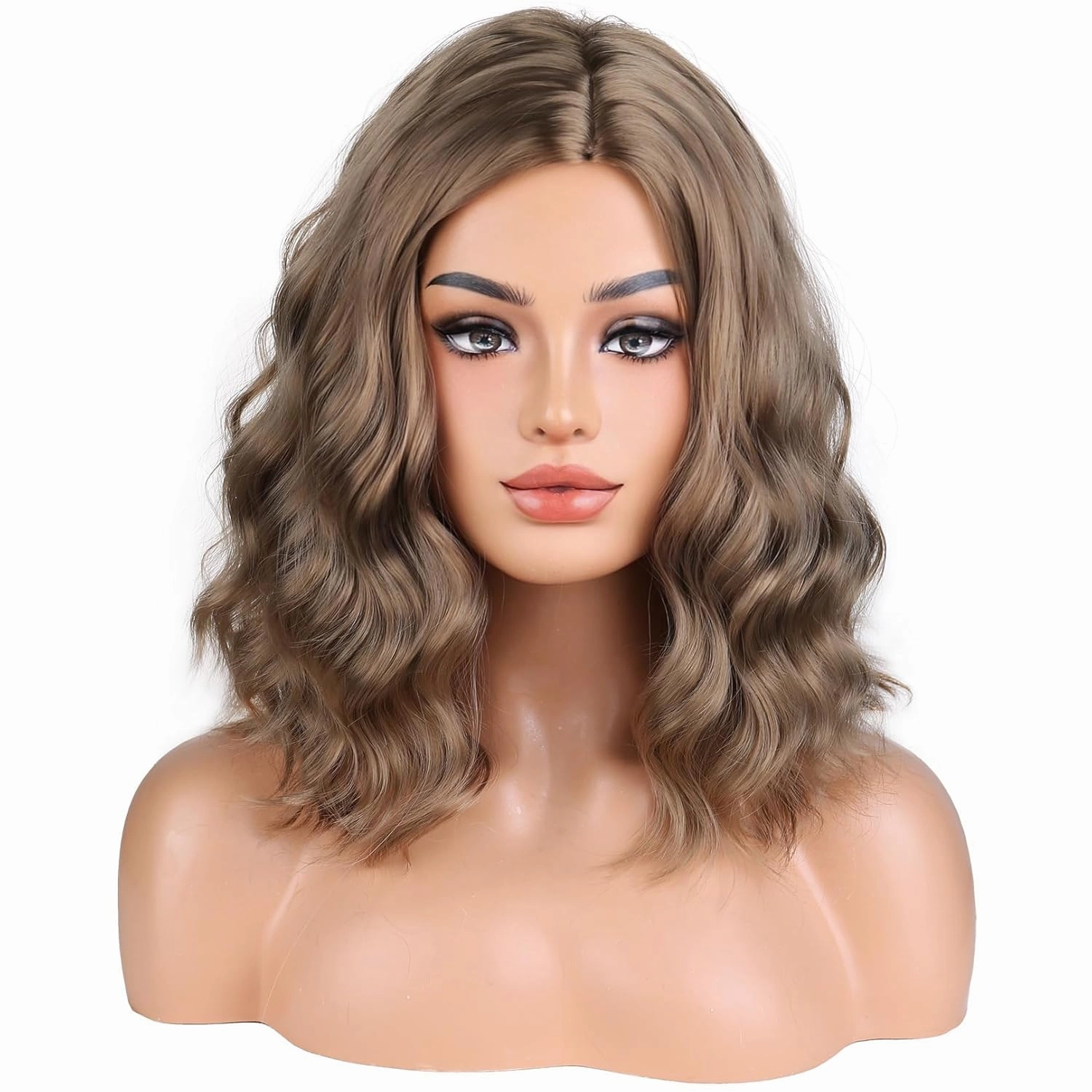 BERON Ash Blonde Side Part Short Curly Wave Wig for Women Girls Blond Shoulder Length Wavy Heat Resistant Synthetic Wigs Cosplay Party or Daily Use