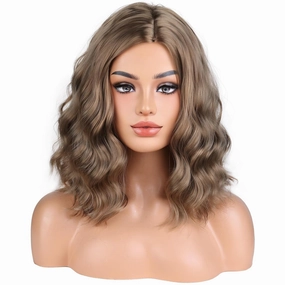BERON Ash Blonde Side Part Short Curly Wave Wig for Women Girls Blond Shoulder Length Wavy Heat Resistant Synthetic Wigs Cosplay Party or Daily Use