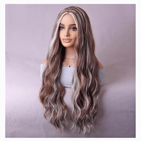 BERON Blonde Brown Wigs Long Wavy Wig for Women Curly Highlights Color Heat Resistant Synthetic Hair Wigs for Cosplay Party Daily or Use