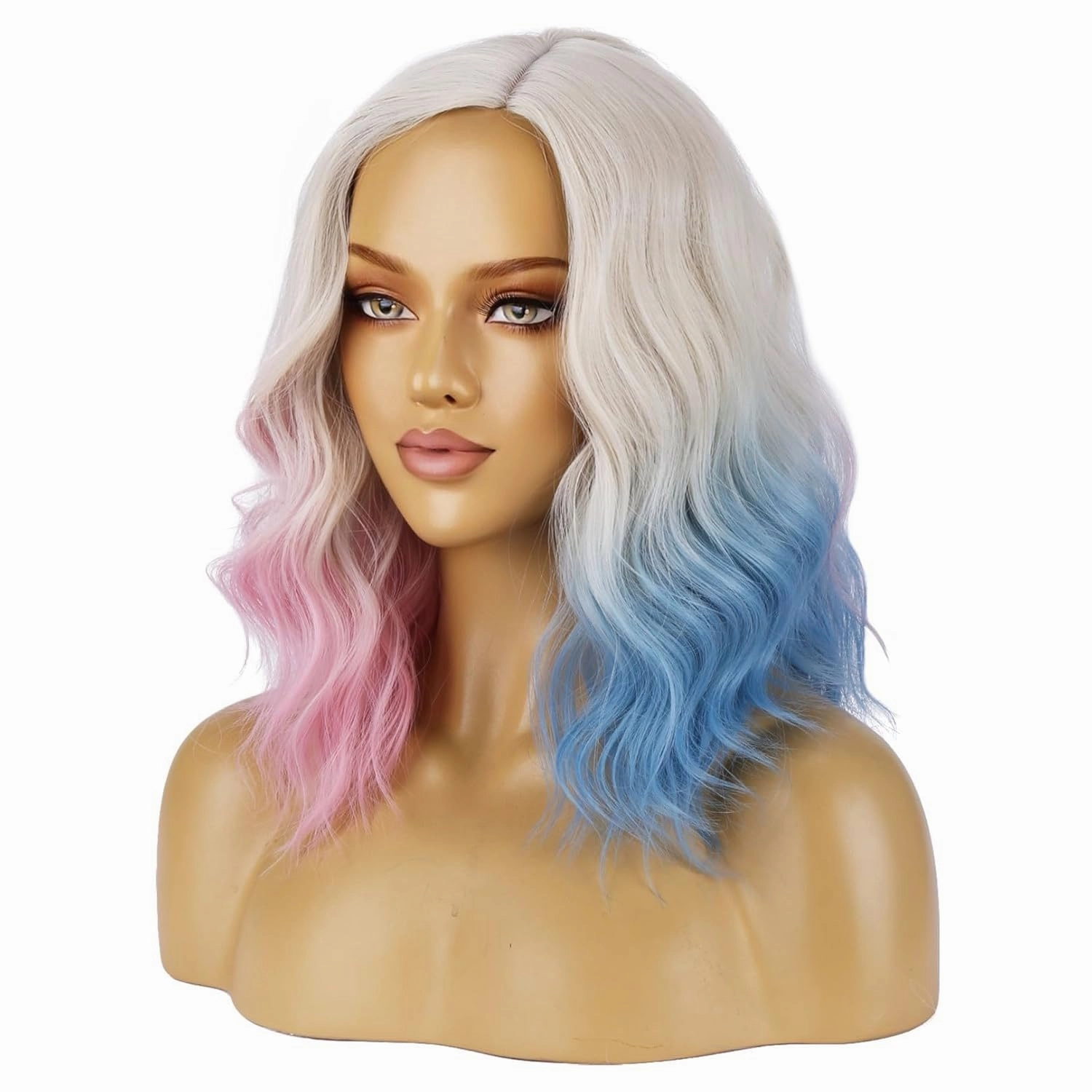 BERON Blonde Ombre Pink Blue Wigs Short Curly Bob Wig for Women Ombre Color Wavy Synthetic Hair Wigs Daily Use