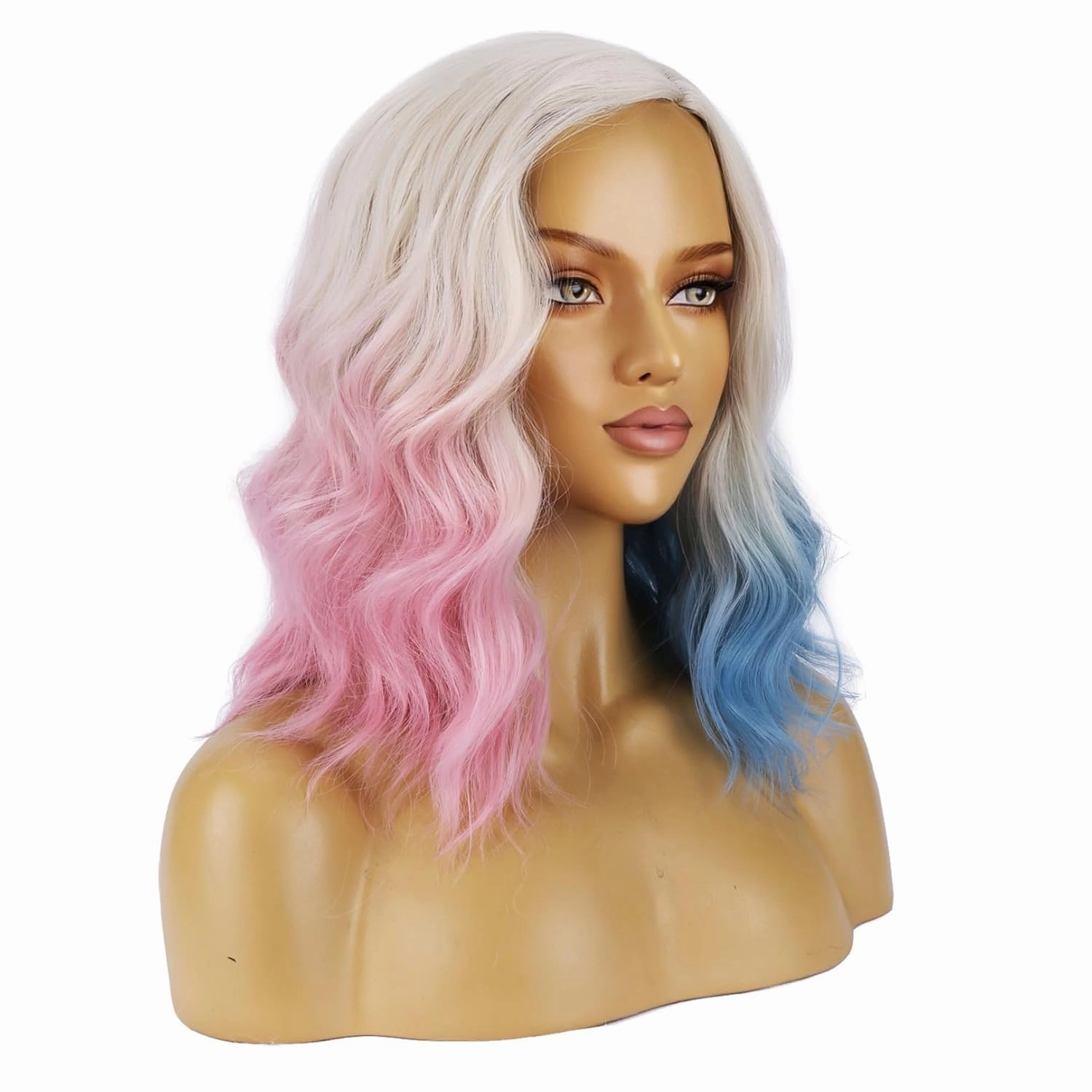 BERON Blonde Ombre Pink Blue Wigs Short Curly Bob Wig for Women Ombre Color Wavy Synthetic Hair Wigs Daily Use