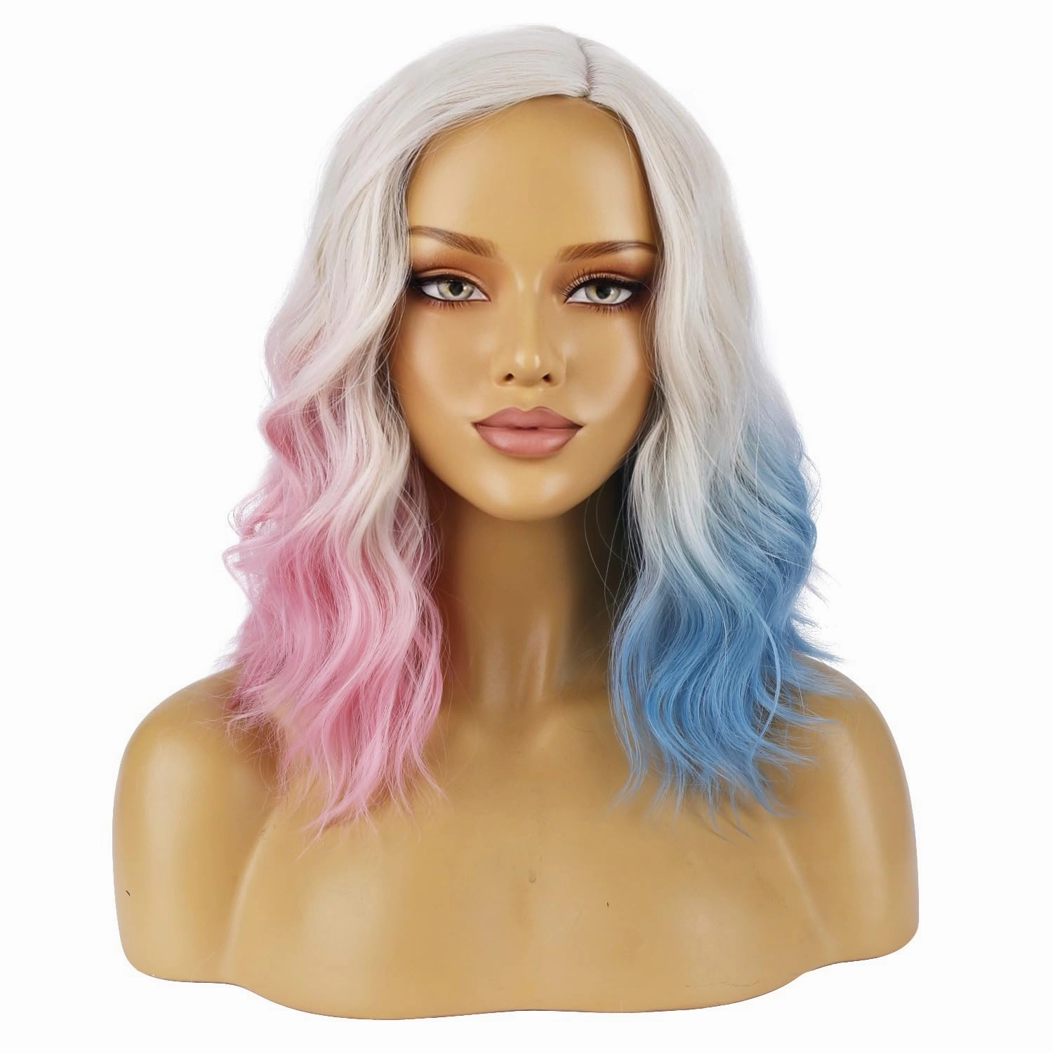 BERON Blonde Ombre Pink Blue Wigs Short Curly Bob Wig for Women Ombre Color Wavy Synthetic Hair Wigs Daily Use